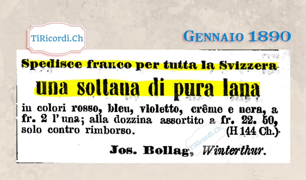 Una sottana di pura lana spedita franco in tutta la Svizzera a 2 franchi, 1890