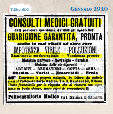 Consulti medici gratuiti per corrispondenza: guarigione garantita e pronta, dall'impotenza all'obesità, Policonsultorio di Milano, 1910