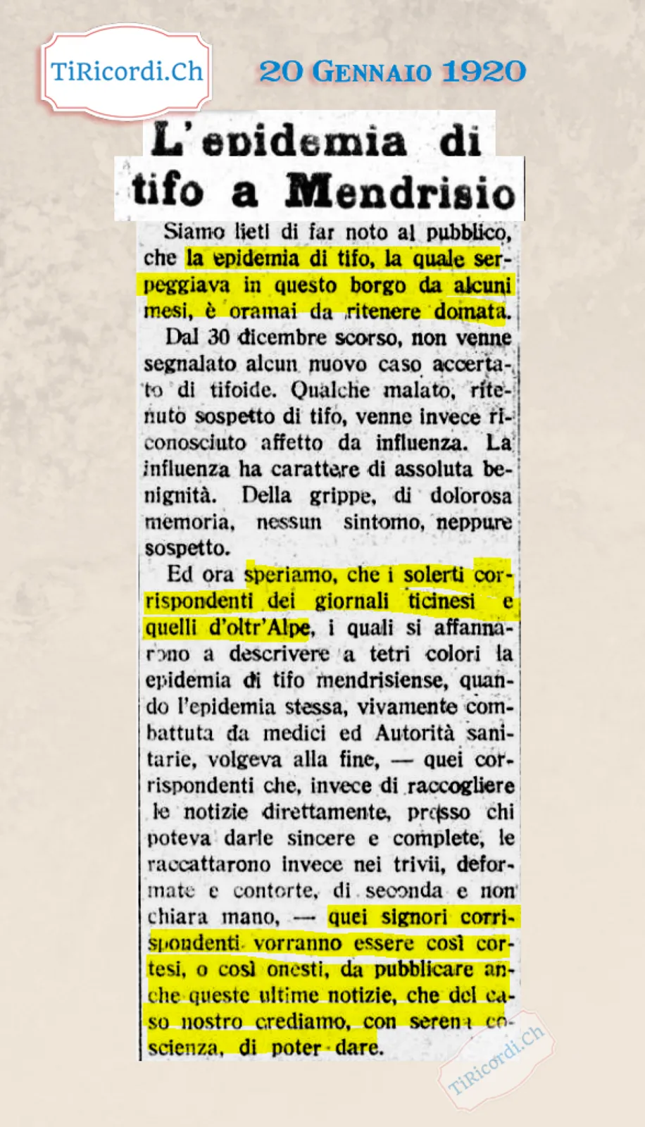 L'epidemia di tifo a Mendrisio è domata: dal 30 dicembre nessun nuovo caso, e una frecciata ai corrispondenti che la descrissero a tetri colori, 1920