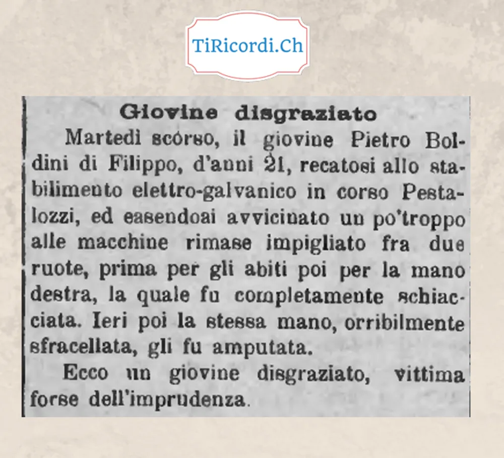 Giovine disgraziato: a 21 anni resta impigliato nelle ruote dello stabilimento elettro-galvanico, mano amputata, 1907