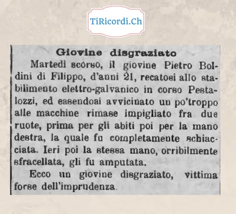 Giovine disgraziato: a 21 anni resta impigliato nelle ruote dello stabilimento elettro-galvanico, mano amputata, 1907