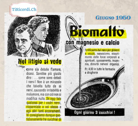 Nel litigio si vede come sia debole l'amore, dicesi. Sarebbe più giusto dire: come sono deboli i nervi! Biomalto con magnesio e calcio, ogni giorno 3 cucchiai, 4,50 franchi, 1950