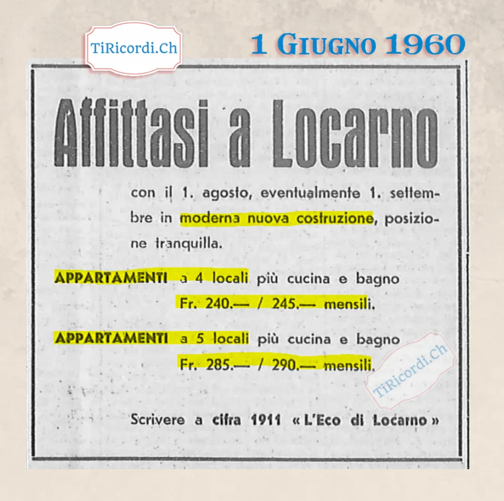 Affittasi a Locarno in moderna nuova costruzione: appartamenti di 4 locali più cucina e bagno a 240-245 franchi mensili, di 5 locali a 285-290, 1960