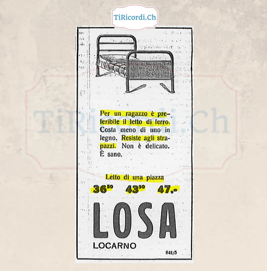 Per un ragazzo è preferibile il letto di ferro: costa meno di uno in legno, resiste agli strapazzi, non è delicato, è sano. Letto a una piazza da 36,50 franchi, mobili Losa Locarno, 1938