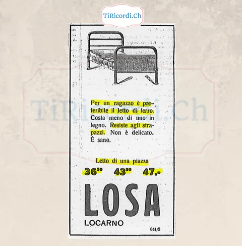 Per un ragazzo è preferibile il letto di ferro: costa meno di uno in legno, resiste agli strapazzi, non è delicato, è sano. Letto a una piazza da 36,50 franchi, mobili Losa Locarno, 1938