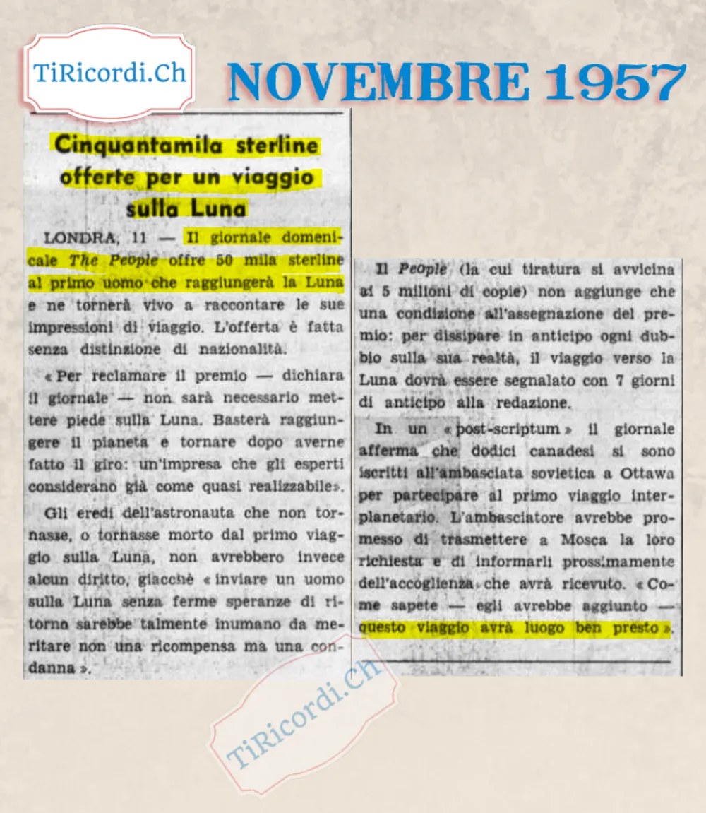 Cinquantamila sterline offerte per un viaggio sulla Luna: la scommessa del settimanale The People, novembre 1957