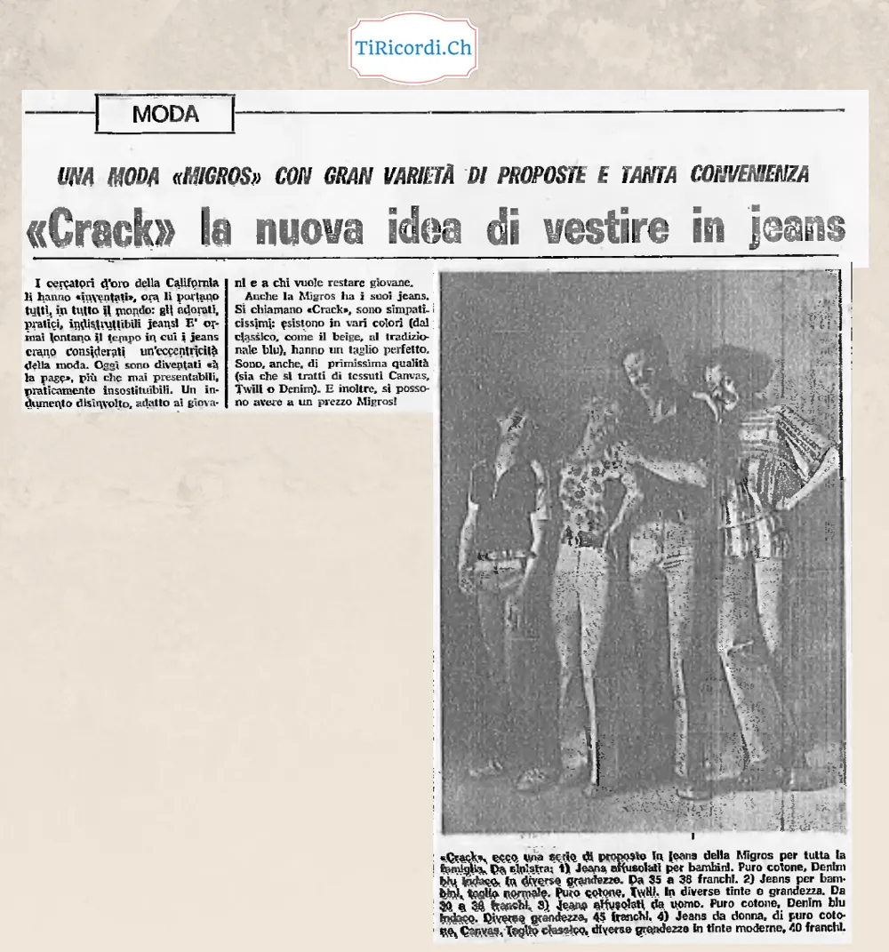 Crack, la nuova idea di vestire in jeans: anche la Migros ha i suoi jeans, da 30 franchi per bambini a 45 per uomo, in cotone Denim, Twill o Canvas, 1977