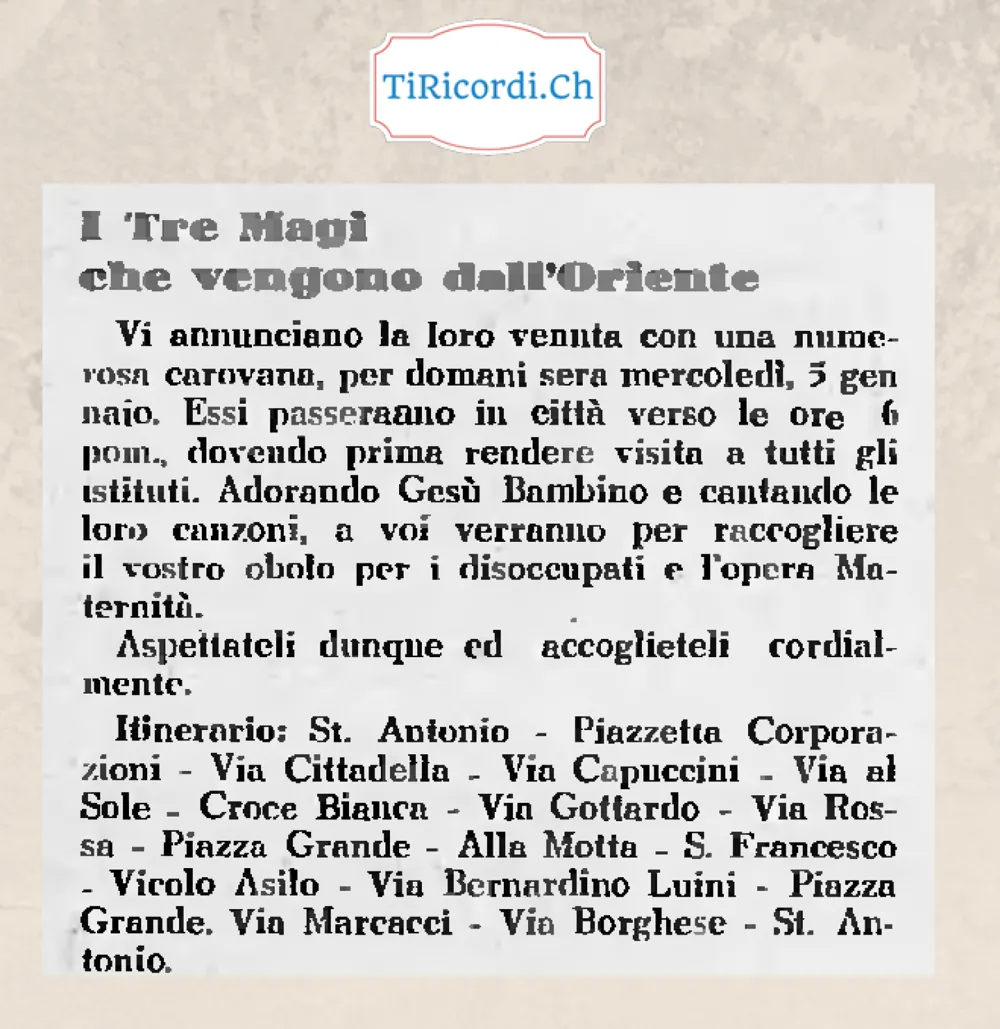I Tre Magi che vengono dall'Oriente annunciano la loro venuta con una numerosa carovana per mercoledì 5 gennaio: passeranno in città verso le 6 di sera per raccogliere il vostro obolo, 1938