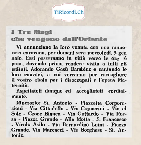I Tre Magi che vengono dall'Oriente annunciano la loro venuta con una numerosa carovana per mercoledì 5 gennaio: passeranno in città verso le 6 di sera per raccogliere il vostro obolo, 1938