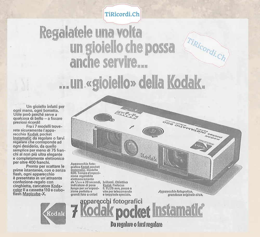 Regalatele una volta un gioiello che possa anche servire: un gioiello della Kodak, apparecchio pocket Instamatic da meno di 75 franchi al modello elettronico da oltre 400, 1973