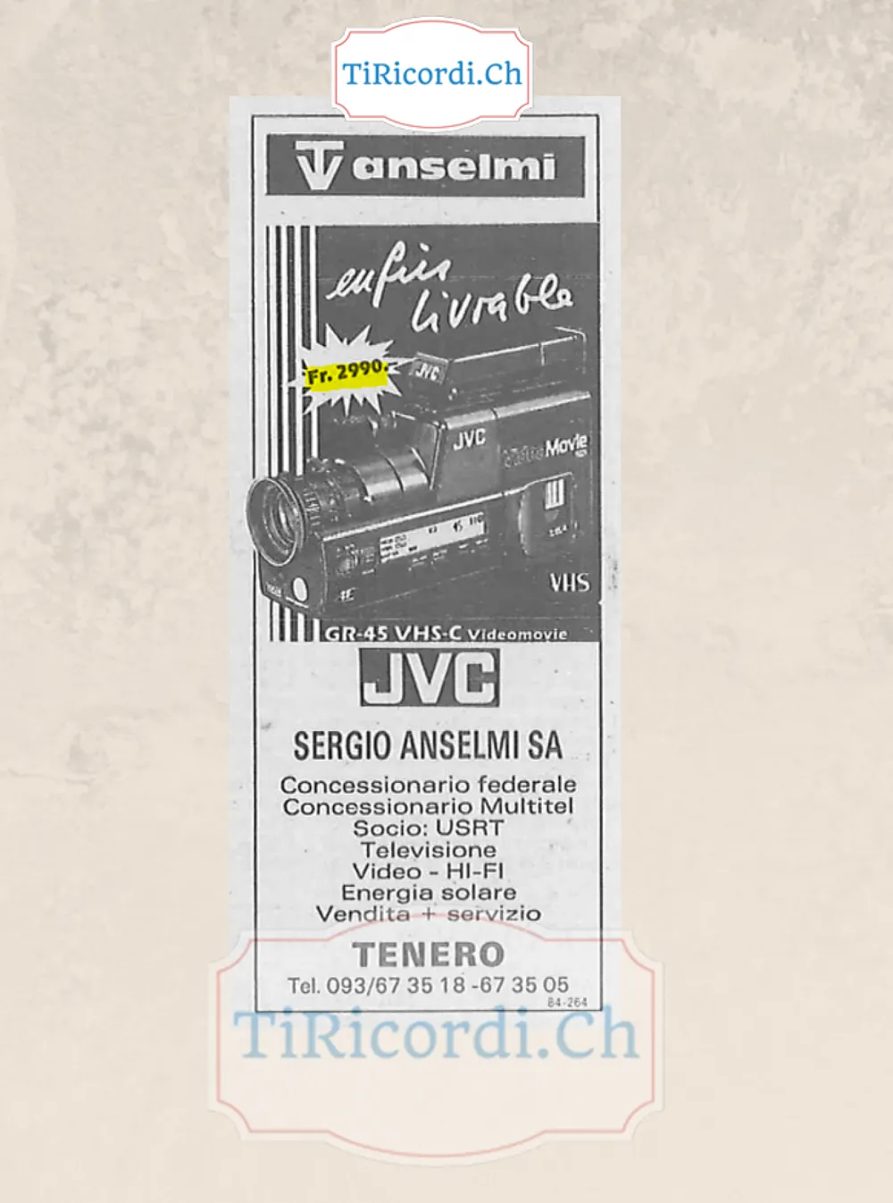 JVC GR-45 VHS-C Videomovie, enfin livrable a 2990 franchi da Sergio Anselmi SA, Tenero, dicembre 1988