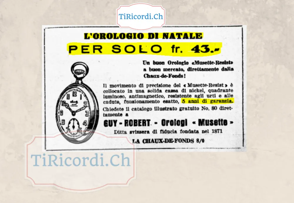 L'orologio di Natale per solo 43 franchi: un buon orologio Musette-Resist a buon mercato, direttamente dalla Chaux-de-Fonds, con cassa di nichel, quadrante luminoso e 5 anni di garanzia, 1948