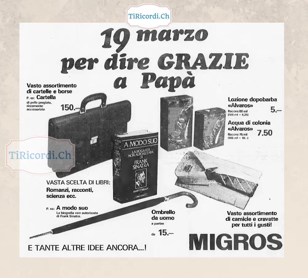 19 marzo per dire grazie a papa: le idee regalo della Migros, marzo 1987