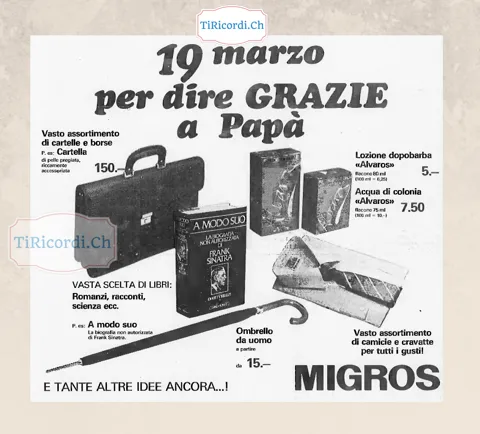 19 marzo per dire grazie a papa: le idee regalo della Migros, marzo 1987