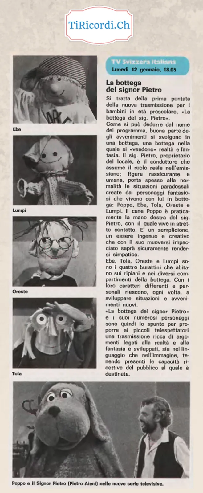 La bottega del signor Pietro, prima puntata sulla TV Svizzera italiana, lunedi 12 gennaio 1981