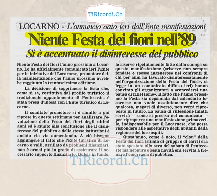 Niente Festa dei fiori nell 89: si e accentuato il disinteresse del pubblico, novembre 1988