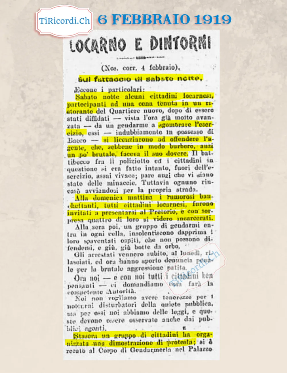 Sul fattaccio di sabato notte: cittadini locarnesi a cena offendono un gendarme, la domenica quattro finiscono in cella e prendono botte da orbo, 1919