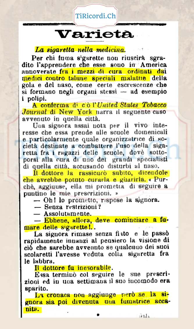La sigaretta nella medicina: il dottore prescrive di fumare alla signora che combatte il fumo, 1900