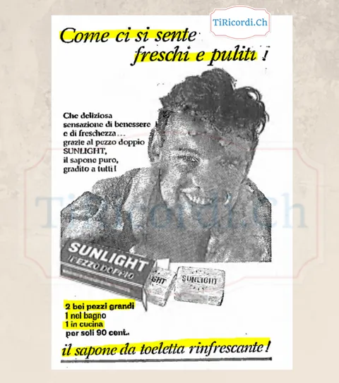 Come ci si sente freschi e puliti! Il pezzo doppio Sunlight, due bei pezzi grandi, uno nel bagno e uno in cucina, per soli 90 centesimi, 1958