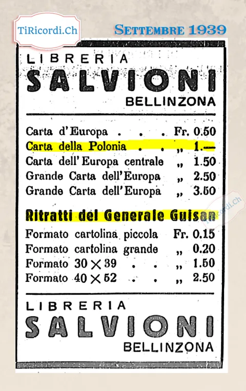 Libreria Salvioni Bellinzona: carta d'Europa 50 centesimi, carta della Polonia 1 franco, e ritratti del generale Guisan da 15 centesimi in formato cartolina, 1939
