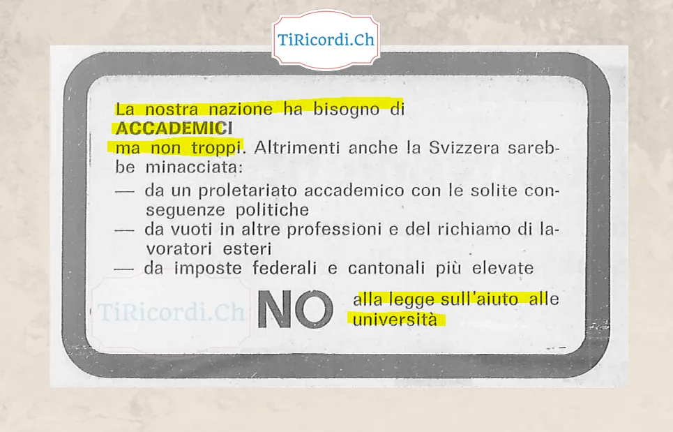 La nostra nazione ha bisogno di accademici ma non troppi: no alla legge sull'aiuto alle università, altrimenti anche la Svizzera sarebbe minacciata da un proletariato accademico, 1978