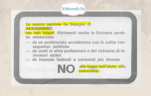 La nostra nazione ha bisogno di accademici ma non troppi: no alla legge sull'aiuto alle università, altrimenti anche la Svizzera sarebbe minacciata da un proletariato accademico, 1978