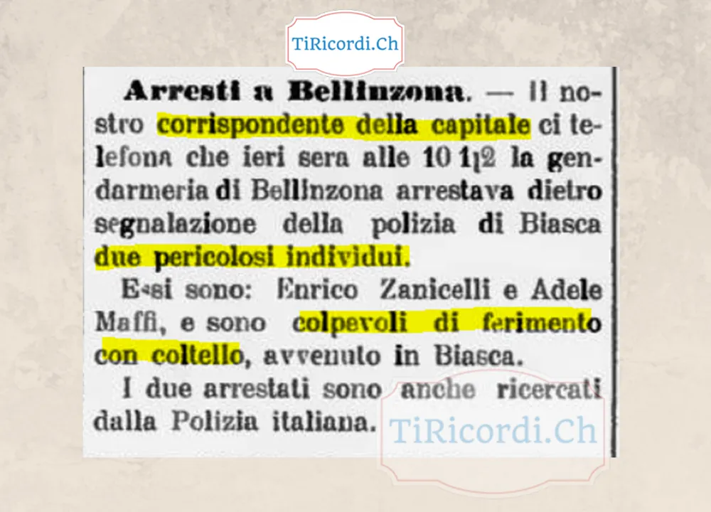 Arresti a Bellinzona: la gendarmeria ferma due pericolosi individui ricercati anche dalla polizia italiana, 1908