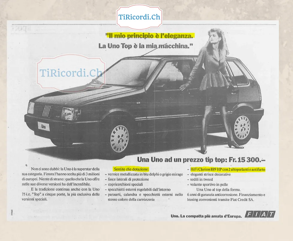 Il mio principio e l eleganza, la Uno Top e la mia macchina: pubblicita Fiat Uno a 15.300 franchi, novembre 1988