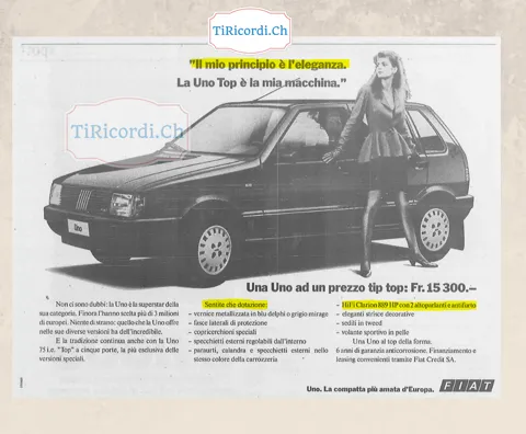 Il mio principio e l eleganza, la Uno Top e la mia macchina: pubblicita Fiat Uno a 15.300 franchi, novembre 1988