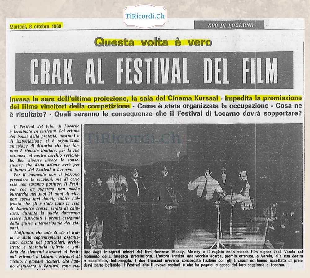 Crak al Festival del film: invasa la sera dell'ultima proiezione la sala del Cinema Kursaal, impedita la premiazione dei film vincitori della competizione, 1968