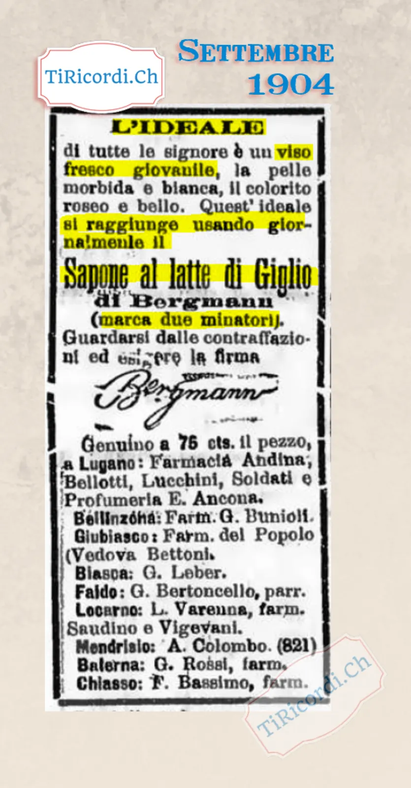 Sapone al latte di giglio di Bergmann, marca due minatori: viso fresco e pelle bianca a 75 centesimi, 1904