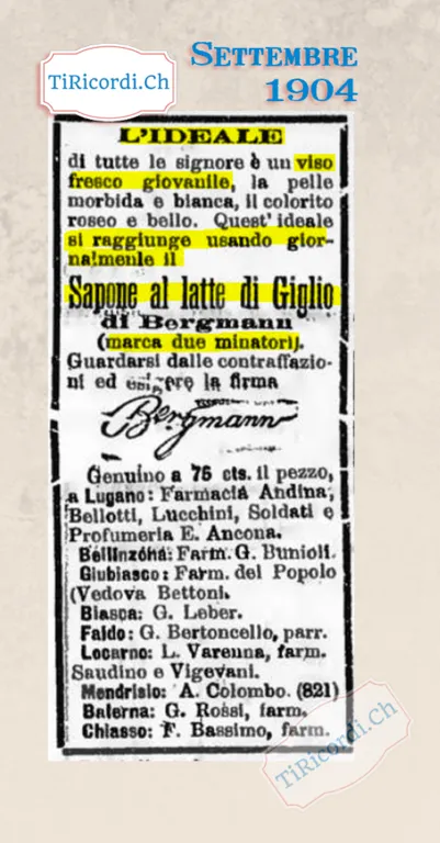Sapone al latte di giglio di Bergmann, marca due minatori: viso fresco e pelle bianca a 75 centesimi, 1904
