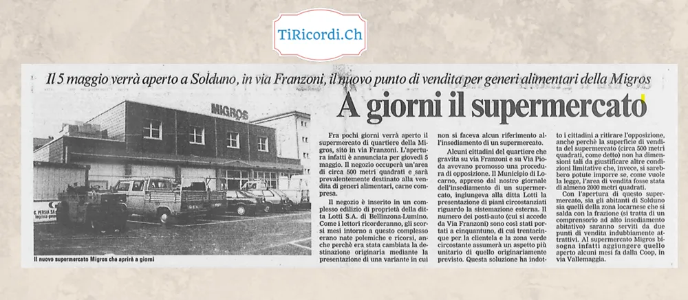 A giorni il supermercato: il 5 maggio apre a Solduno il nuovo punto di vendita Migros in via Franzoni, maggio 1988
