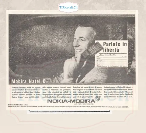 Parlate in liberta: pubblicita del telefono mobile Natel C Nokia-Mobira, luglio 1988