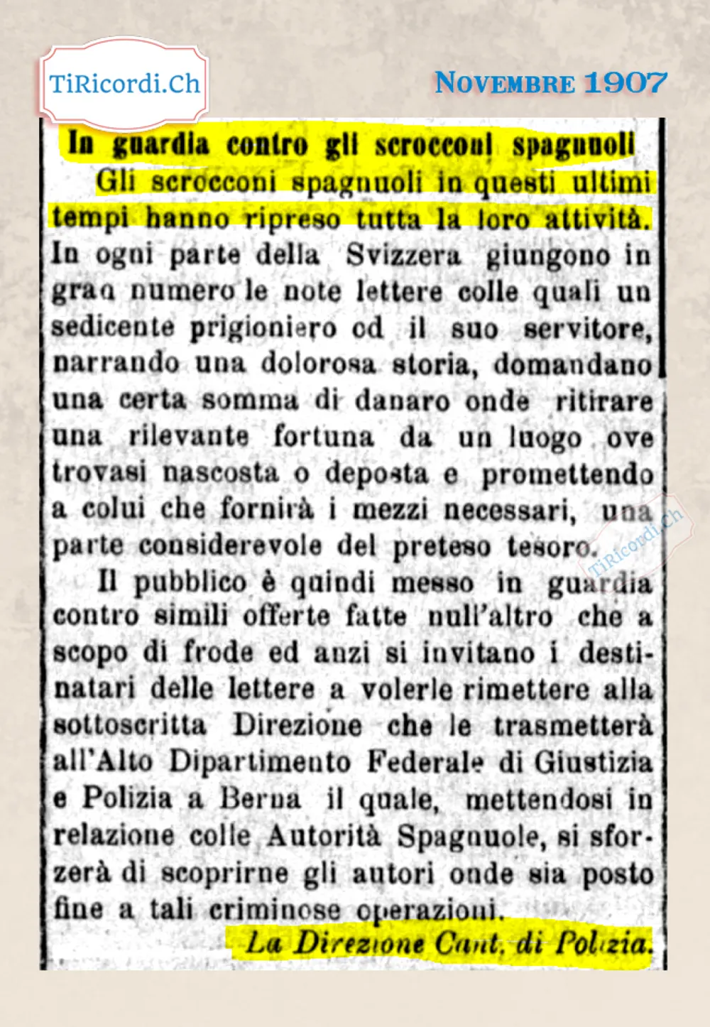 In guardia contro gli scrocconi spagnuoli: la truffa del prigioniero col tesoro nascosto, 1907