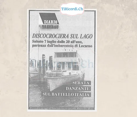 Discocrociera sul lago: serata danzante sul battello Italia, sabato 7 luglio 1984