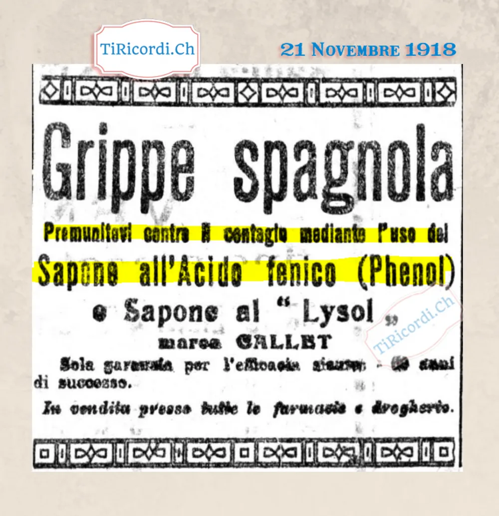 Grippe spagnola: premunitevi contro il contagio con il sapone all'acido fenico e il sapone al Lysol marca Callet, 1918