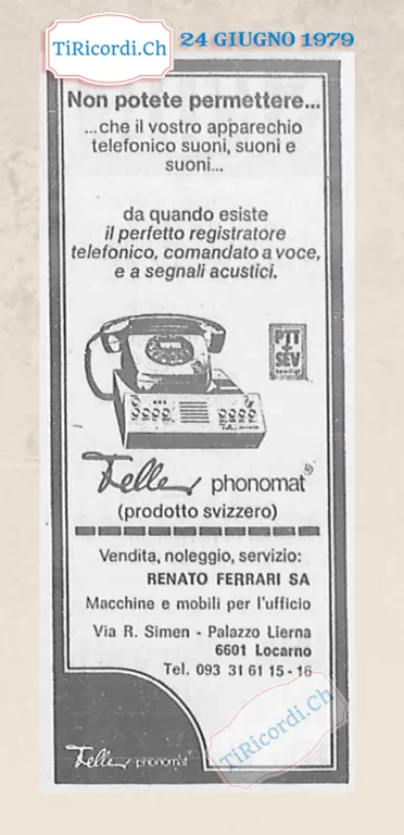 Non potete permettere che il vostro apparecchio telefonico suoni, suoni e suoni: da quando esiste il perfetto registratore telefonico Telle Phonomat, comandato a voce e a segnali acustici, 1979