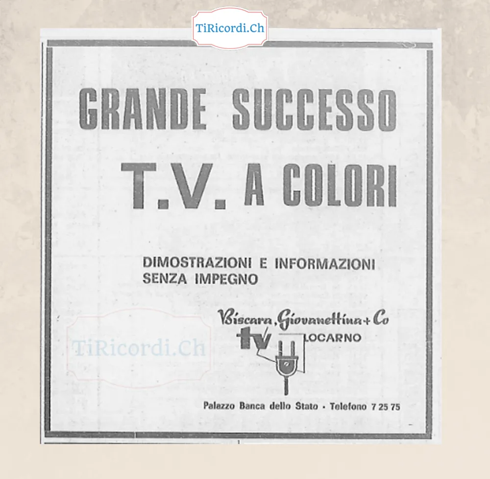 Grande successo TV a colori: dimostrazioni e informazioni senza impegno da Biscara, Giovanettina & Co., Locarno, Palazzo Banca dello Stato, 1968