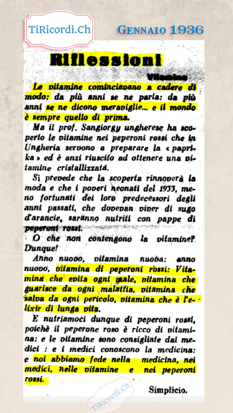 Riflessioni sulle vitamine: anno nuovo, vitamina nuova. Vitamina che evita ogni male, che guarisce da ogni malattia, che salva da ogni pericolo, vitamina che è l'elixir di lunga vita, 1936