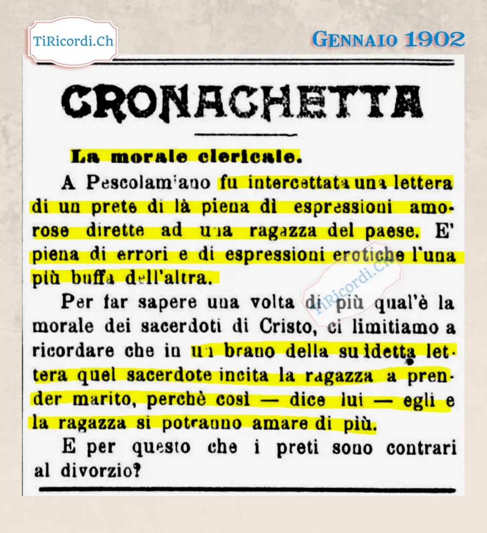 La morale clericale: intercettata la lettera d'amore di un prete a una ragazza del paese, 1902
