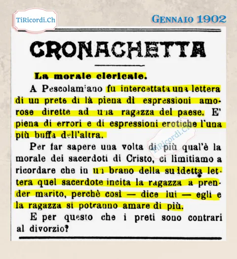 La morale clericale: intercettata la lettera d'amore di un prete a una ragazza del paese, 1902