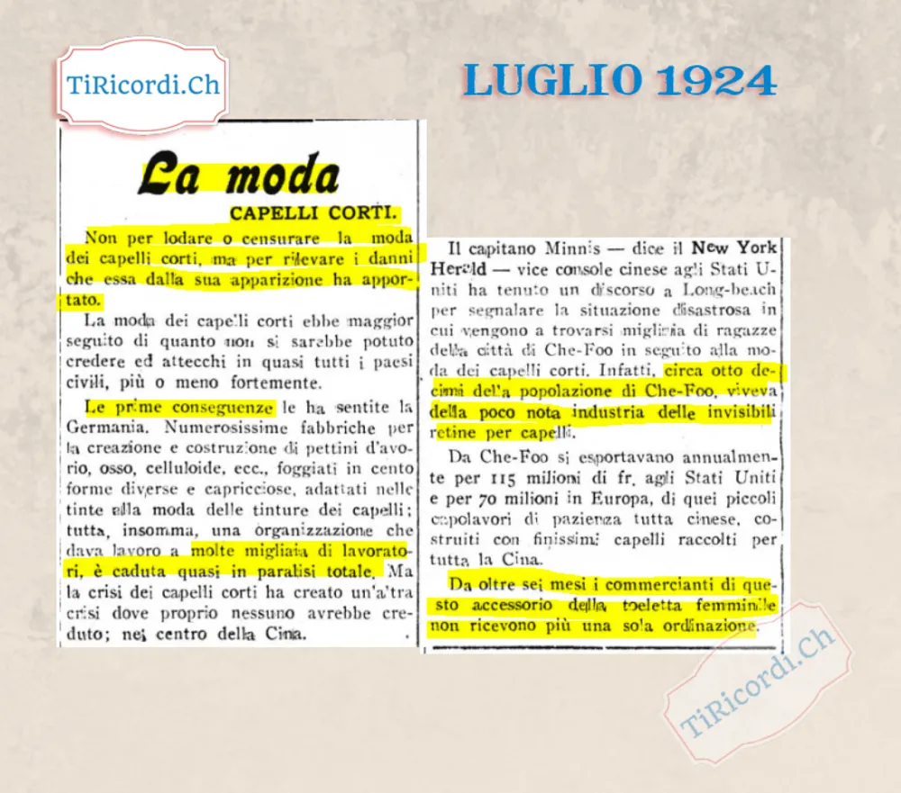 La moda dei capelli corti manda in crisi le fabbriche di pettini in Germania e l'industria delle retine per capelli in Cina: da Che-Foo si esportavano 185 milioni di franchi l'anno, 1924