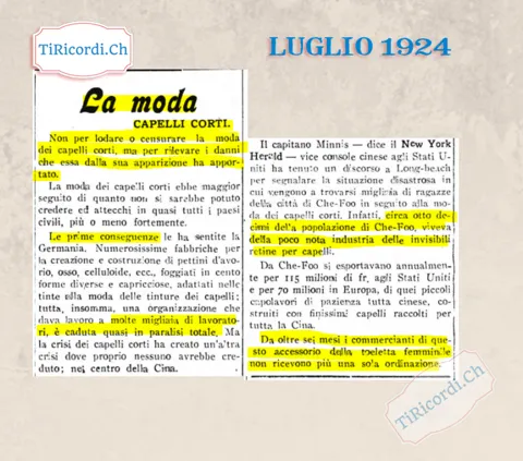 La moda dei capelli corti manda in crisi le fabbriche di pettini in Germania e l'industria delle retine per capelli in Cina: da Che-Foo si esportavano 185 milioni di franchi l'anno, 1924