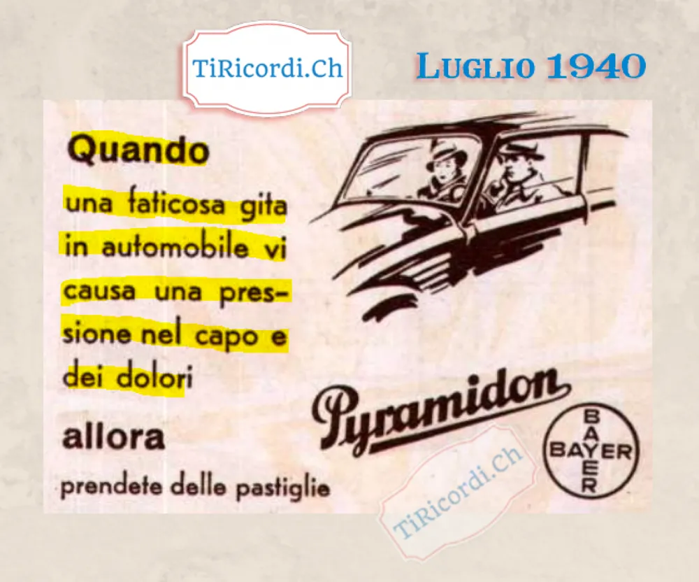 Quando una faticosa gita in automobile vi causa una pressione nel capo e dei dolori, allora prendete delle pastiglie Pyramidon, 1940