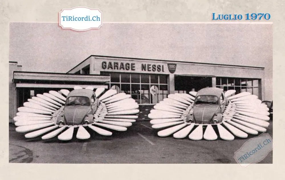 Due Maggiolini Volkswagen trasformati in margherite giganti davanti al Garage Nessi di Cadenazzo, 1970