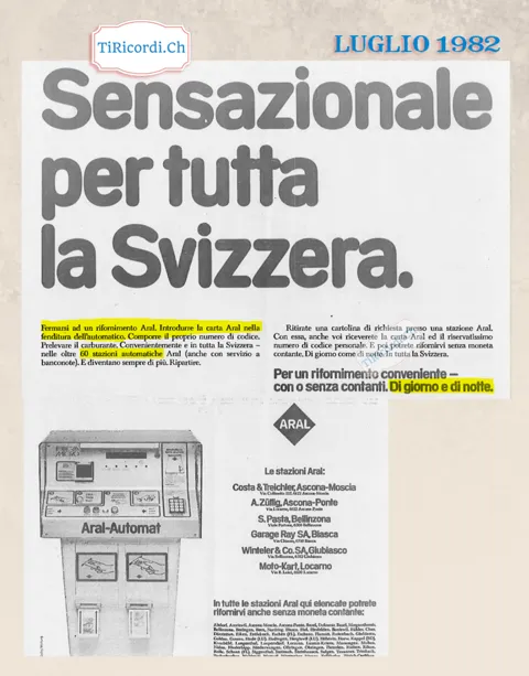 Sensazionale per tutta la Svizzera: il distributore automatico Aral con carta e codice personale, luglio 1982