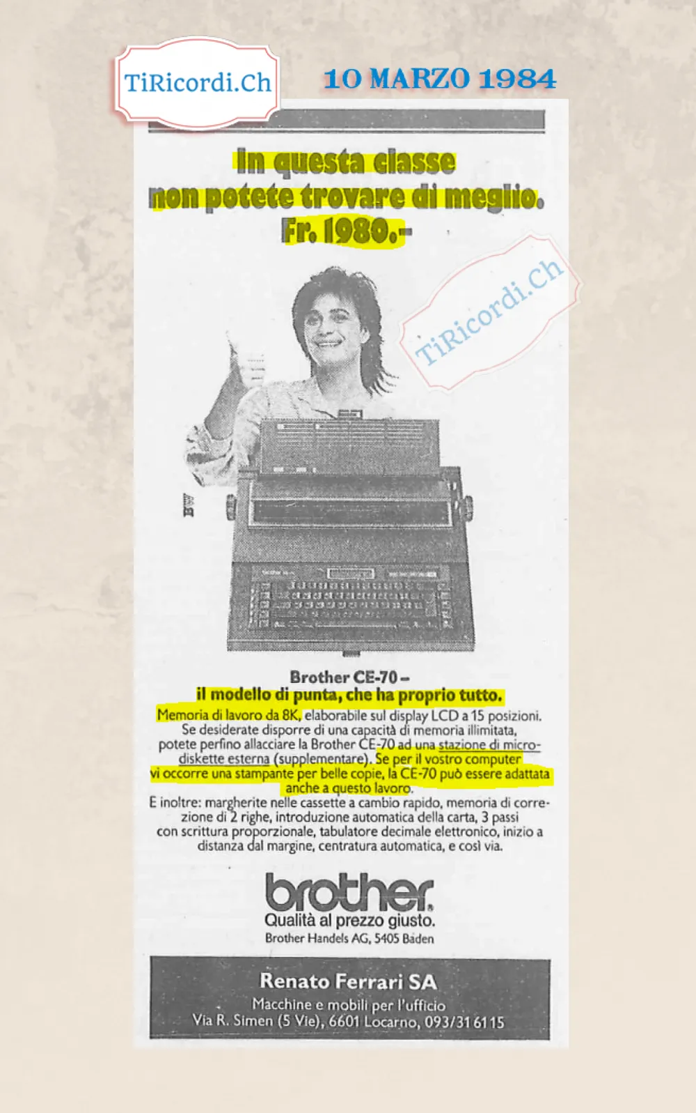 Brother CE-70, il modello di punta che ha proprio tutto: macchina da scrivere elettronica a 1980 franchi, marzo 1984