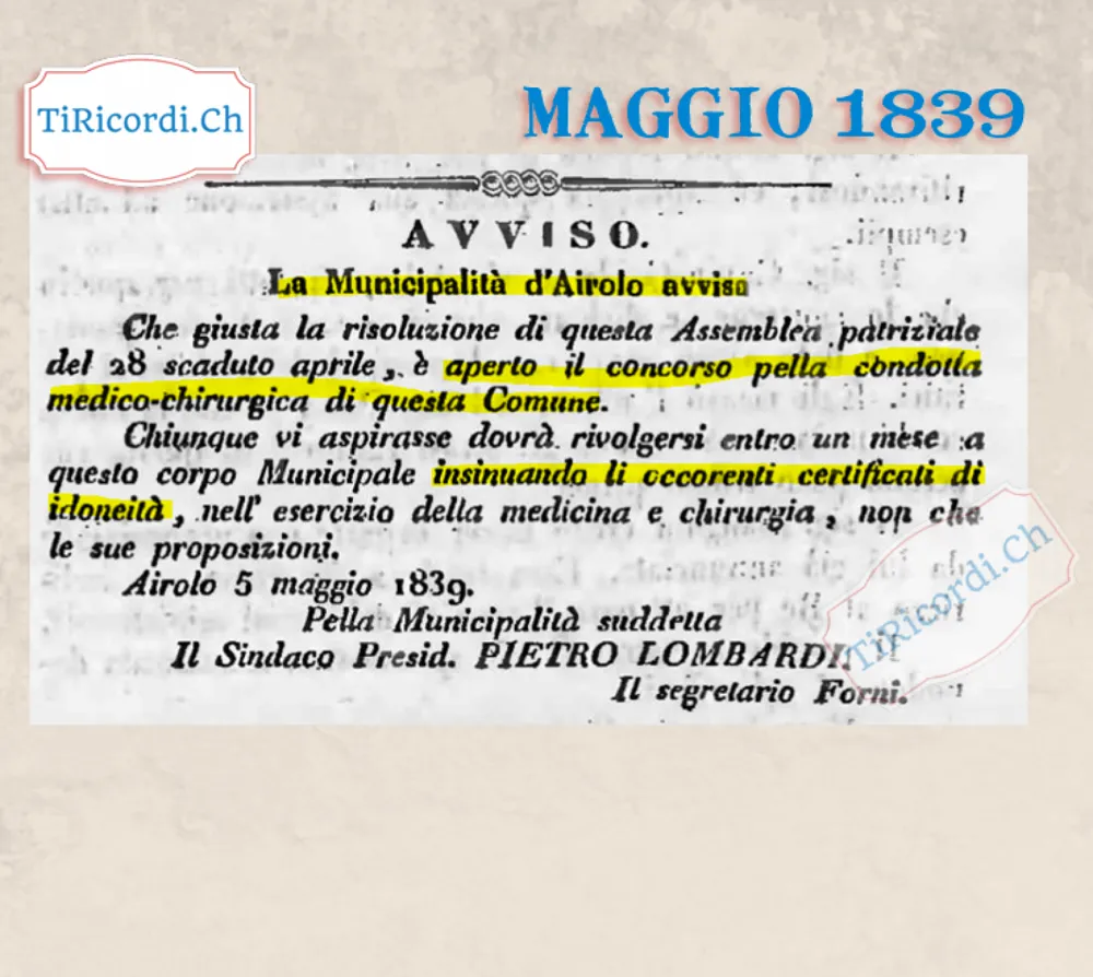 Airolo cerca un medico condotto, maggio 1839