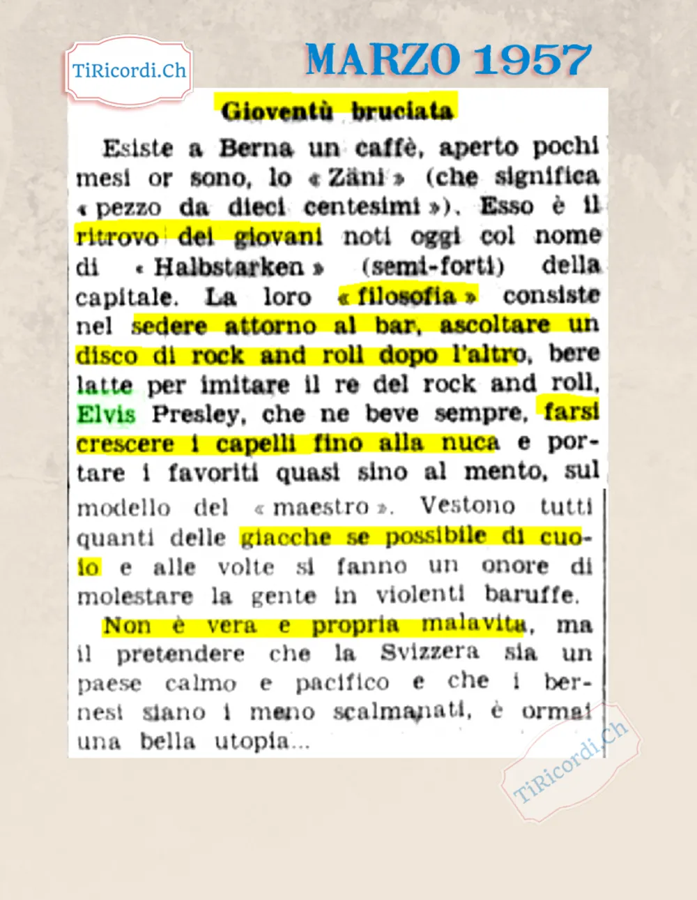 Gioventù bruciata: al caffè Zäni di Berna i giovani Halbstarken siedono attorno al bar, ascoltano un disco di rock and roll dopo l'altro e bevono latte per imitare Elvis Presley, 1957